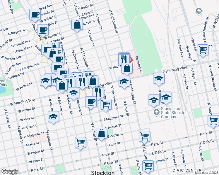 map of restaurants, bars, coffee shops, grocery stores, and more near 240 East Harding Way in Stockton