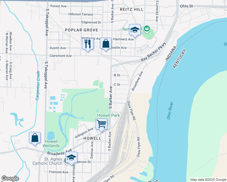 map of restaurants, bars, coffee shops, grocery stores, and more near 2832 C Street in Evansville