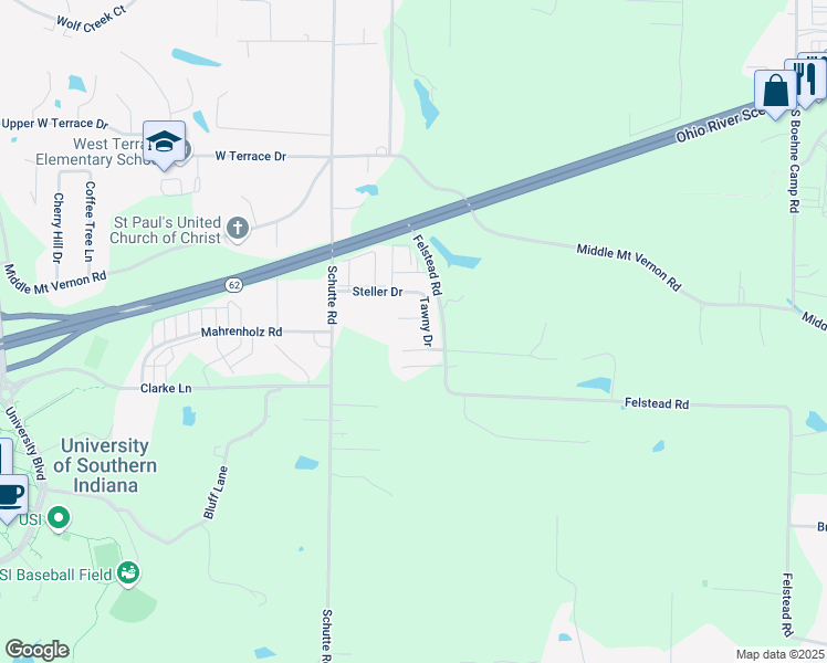 map of restaurants, bars, coffee shops, grocery stores, and more near 7100 Felstead Road in Evansville