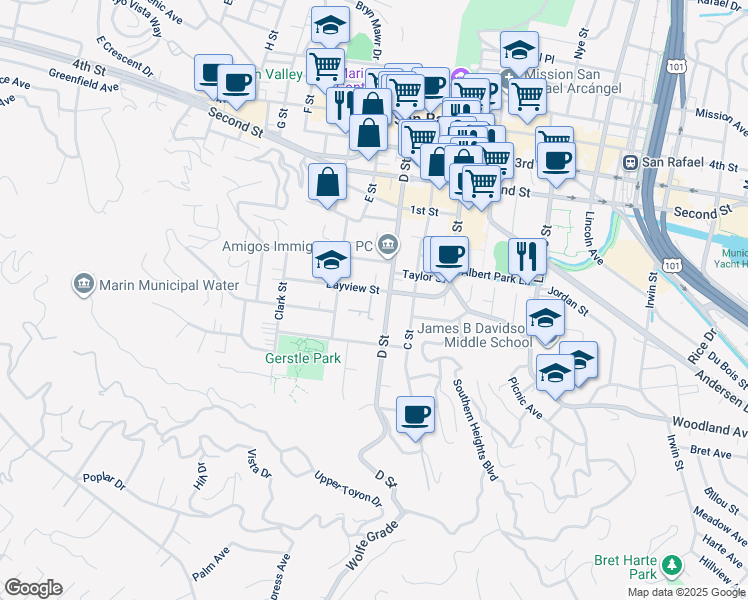 map of restaurants, bars, coffee shops, grocery stores, and more near 215 Bayview Street in San Rafael