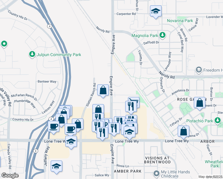 map of restaurants, bars, coffee shops, grocery stores, and more near 3078 Empire Avenue in Brentwood