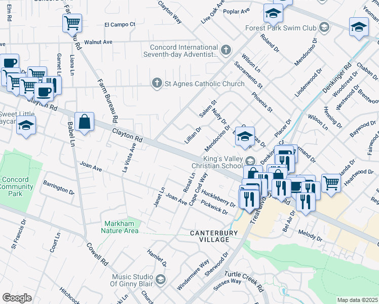 map of restaurants, bars, coffee shops, grocery stores, and more near 4081 Clayton Road in Concord