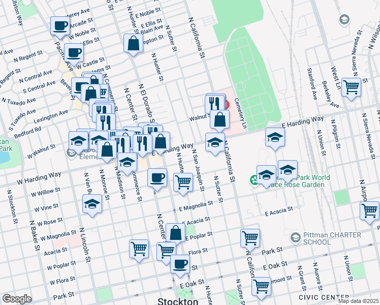 map of restaurants, bars, coffee shops, grocery stores, and more near 240 East Harding Way in Stockton
