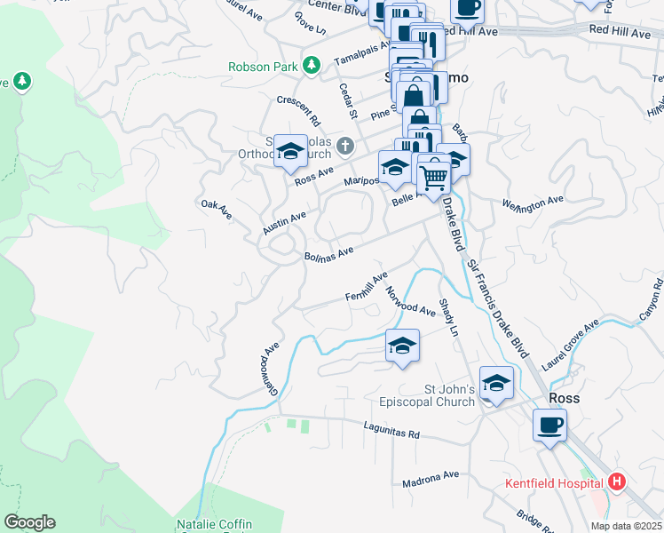 map of restaurants, bars, coffee shops, grocery stores, and more near 2 Kensington Road in San Anselmo