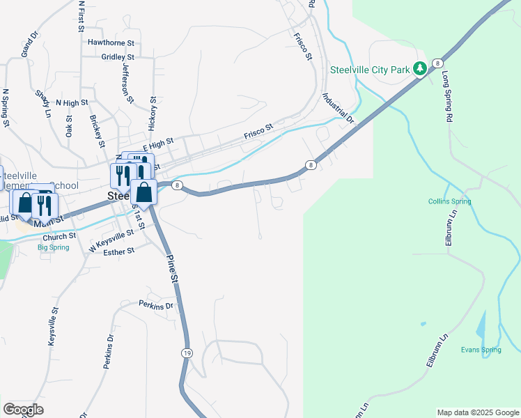 map of restaurants, bars, coffee shops, grocery stores, and more near 38 Missouri 8 in Steelville