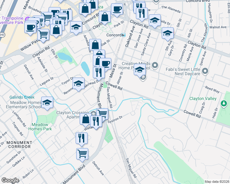 map of restaurants, bars, coffee shops, grocery stores, and more near 1198 San Miguel Road in Concord