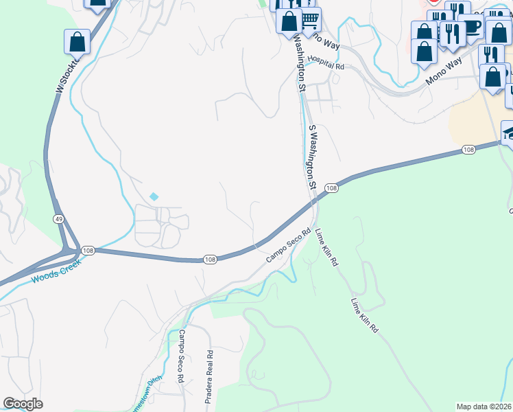 map of restaurants, bars, coffee shops, grocery stores, and more near 172 Crooked Lane in Sonora