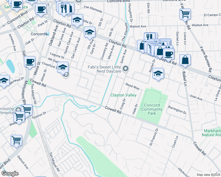 map of restaurants, bars, coffee shops, grocery stores, and more near 3236 Cambridge Place in Concord