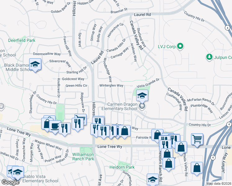 map of restaurants, bars, coffee shops, grocery stores, and more near 4816 Chism Way in Antioch