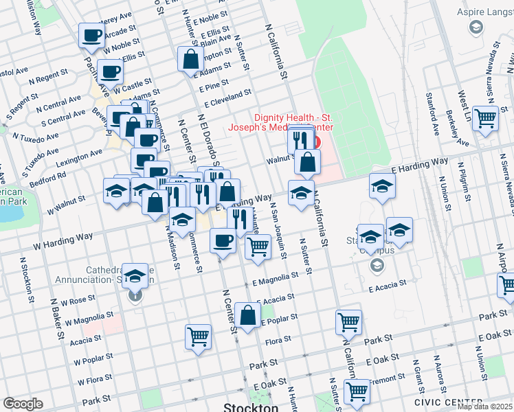 map of restaurants, bars, coffee shops, grocery stores, and more near 1440 North Hunter Street in Stockton