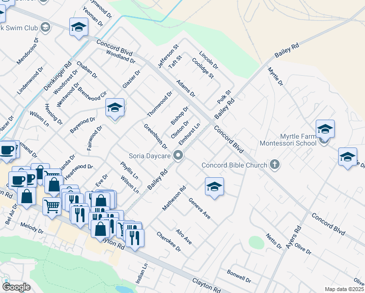 map of restaurants, bars, coffee shops, grocery stores, and more near 1732 Elmhurst Lane in Concord