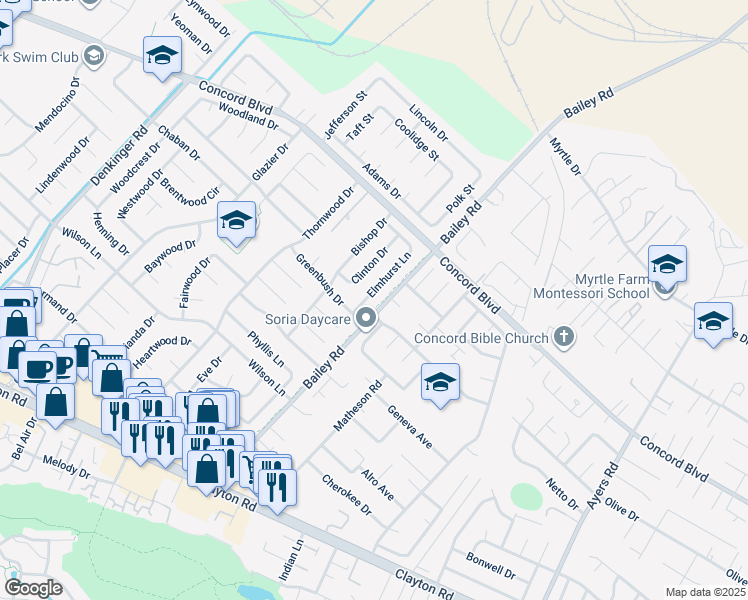 map of restaurants, bars, coffee shops, grocery stores, and more near 1732 Elmhurst Lane in Concord