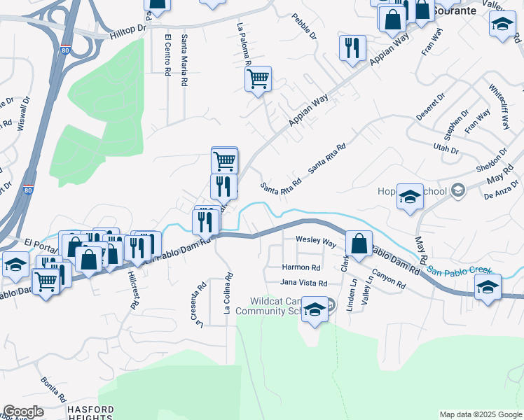map of restaurants, bars, coffee shops, grocery stores, and more near 4255 San Pablo Dam Road in El Sobrante