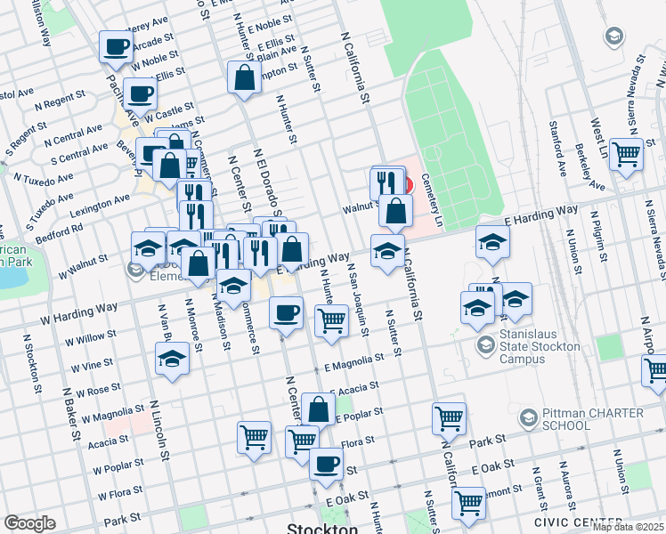 map of restaurants, bars, coffee shops, grocery stores, and more near 240 East Harding Way in Stockton