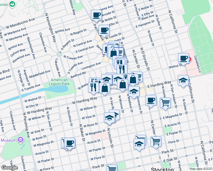 map of restaurants, bars, coffee shops, grocery stores, and more near 1647 Elizabeth Avenue in Stockton