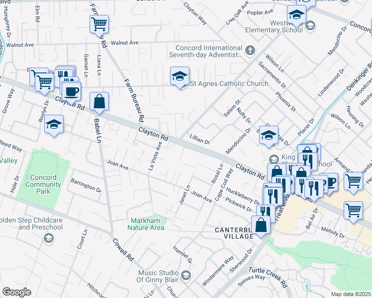 map of restaurants, bars, coffee shops, grocery stores, and more near 4012 Lillian Drive in Concord