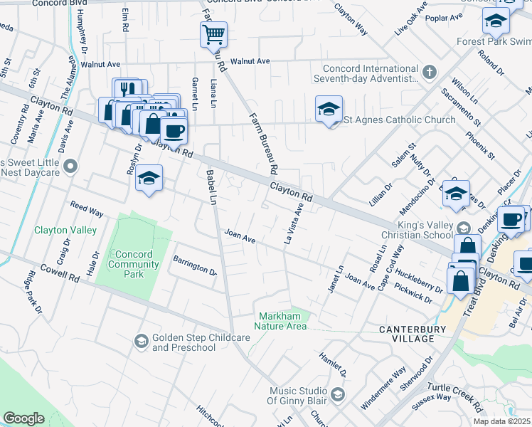 map of restaurants, bars, coffee shops, grocery stores, and more near 3806 Clayton Road in Concord