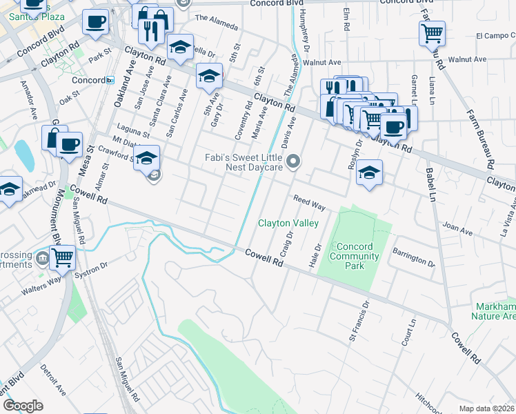 map of restaurants, bars, coffee shops, grocery stores, and more near 3236 Cambridge Place in Concord