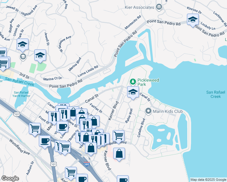 map of restaurants, bars, coffee shops, grocery stores, and more near 5 Lido Lane in San Rafael