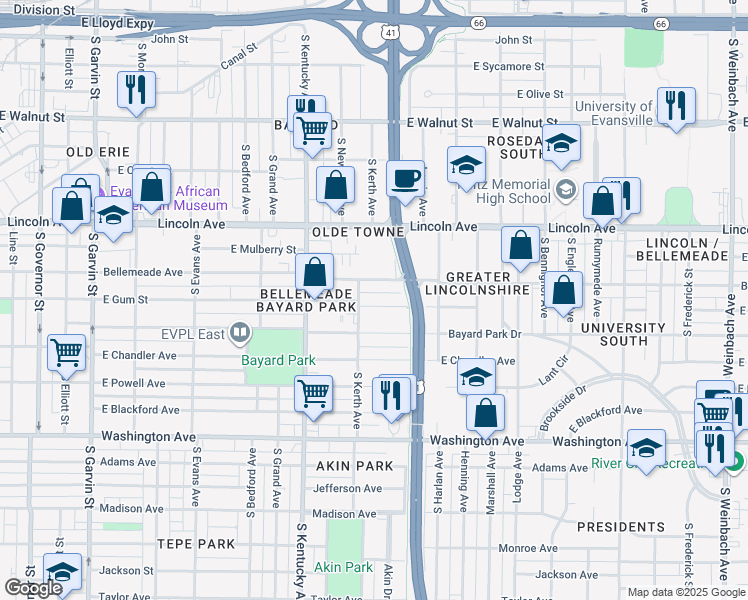 map of restaurants, bars, coffee shops, grocery stores, and more near 1125 Bellemeade Avenue in Evansville