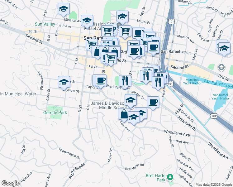 map of restaurants, bars, coffee shops, grocery stores, and more near 76 Albert Park Lane in San Rafael