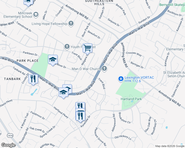 map of restaurants, bars, coffee shops, grocery stores, and more near 1429 Trent Boulevard in Lexington