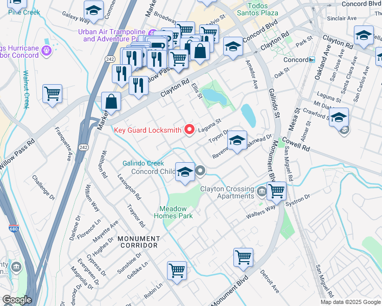 map of restaurants, bars, coffee shops, grocery stores, and more near 1439 Toyon Drive in Concord