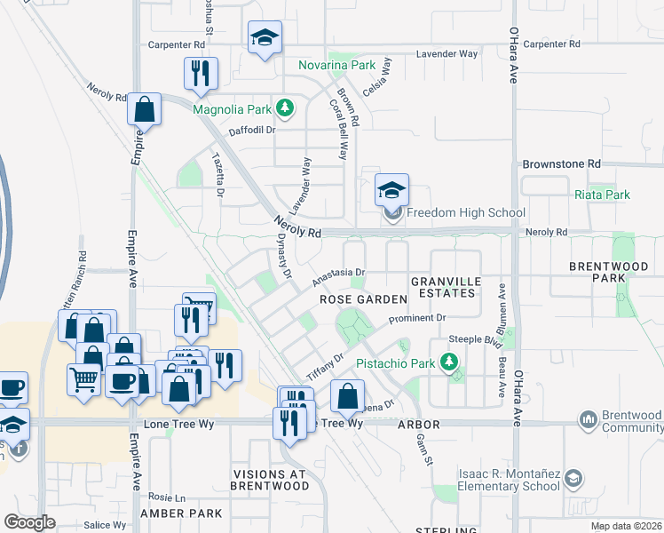 map of restaurants, bars, coffee shops, grocery stores, and more near 1785 Anastasia Drive in Brentwood