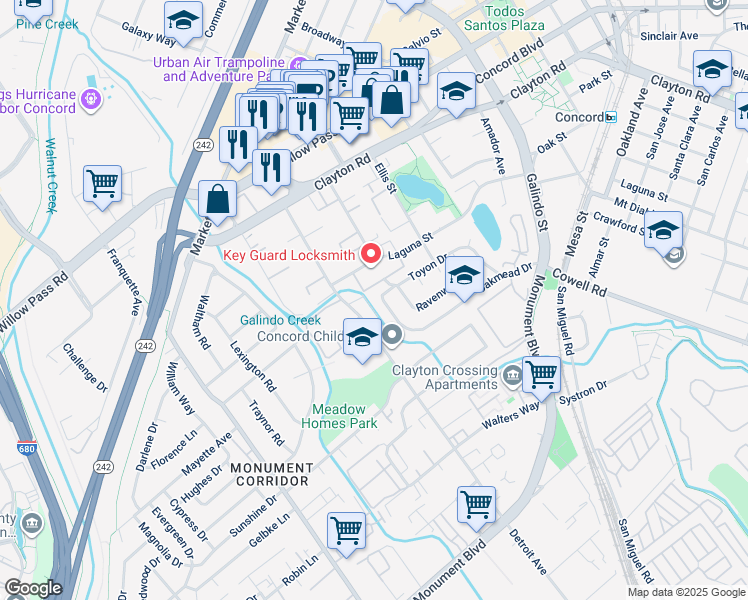 map of restaurants, bars, coffee shops, grocery stores, and more near 1439 Toyon Drive in Concord