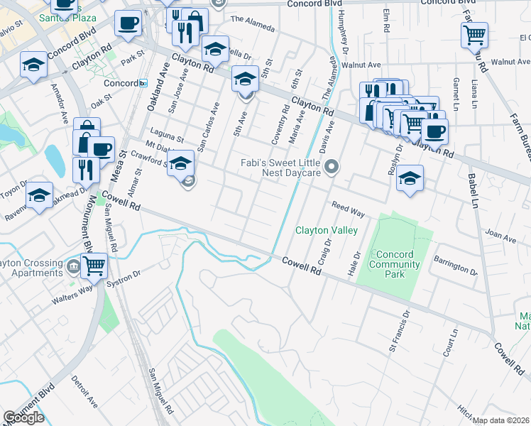 map of restaurants, bars, coffee shops, grocery stores, and more near 3212 Oxford Place in Concord