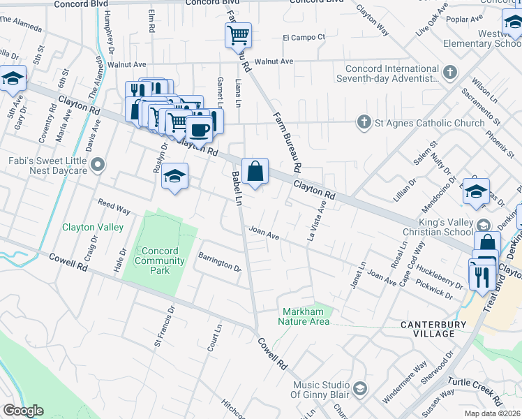 map of restaurants, bars, coffee shops, grocery stores, and more near 1462 Fox Hollow Court in Concord