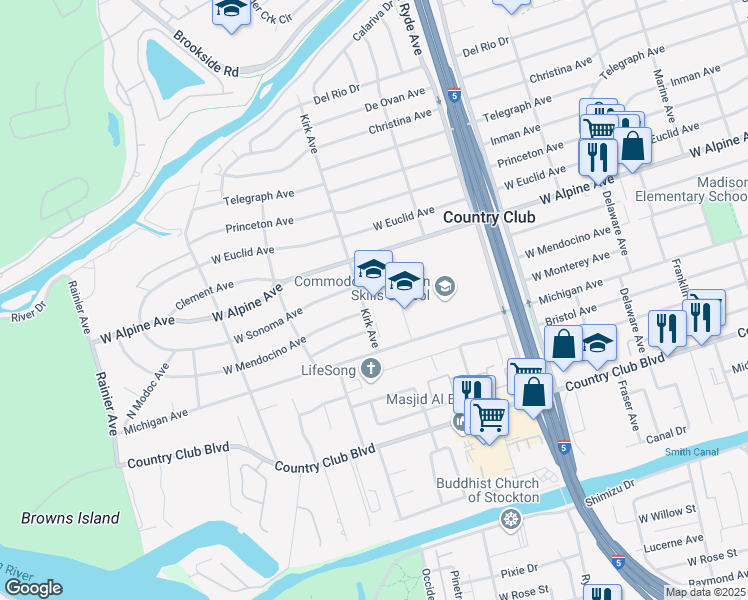 map of restaurants, bars, coffee shops, grocery stores, and more near 2900 Kirk Avenue in Stockton