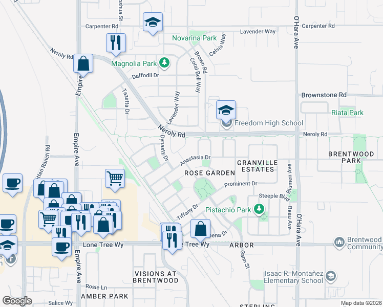 map of restaurants, bars, coffee shops, grocery stores, and more near 1785 Anastasia Drive in Brentwood