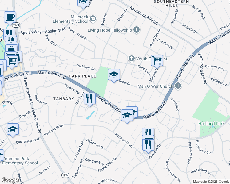 map of restaurants, bars, coffee shops, grocery stores, and more near 3841 Niagara Drive in Lexington