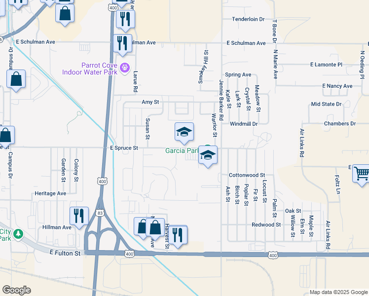 map of restaurants, bars, coffee shops, grocery stores, and more near 3401 East Spruce Street in Garden City