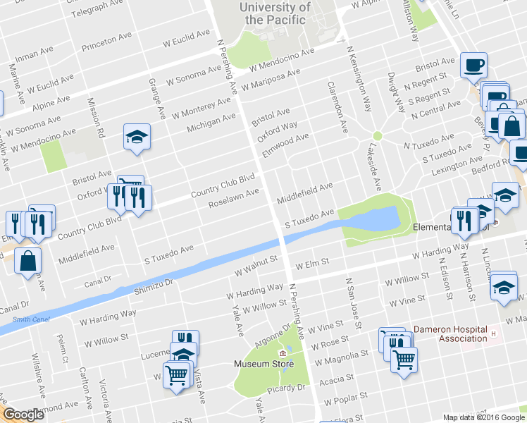 map of restaurants, bars, coffee shops, grocery stores, and more near 1435 Middlefield Avenue in Stockton