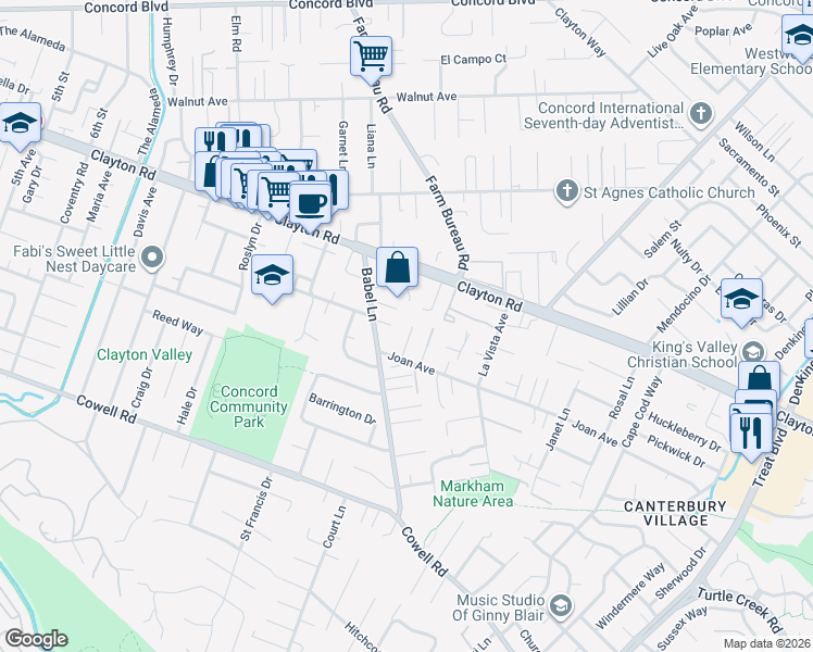 map of restaurants, bars, coffee shops, grocery stores, and more near 1462 Fox Hollow Court in Concord