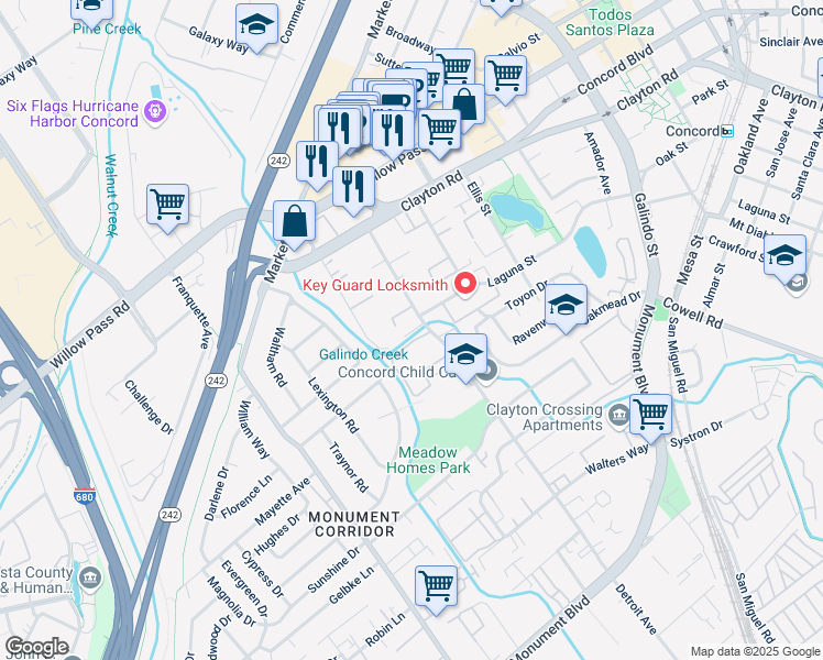 map of restaurants, bars, coffee shops, grocery stores, and more near 1501 Detroit Avenue in Concord