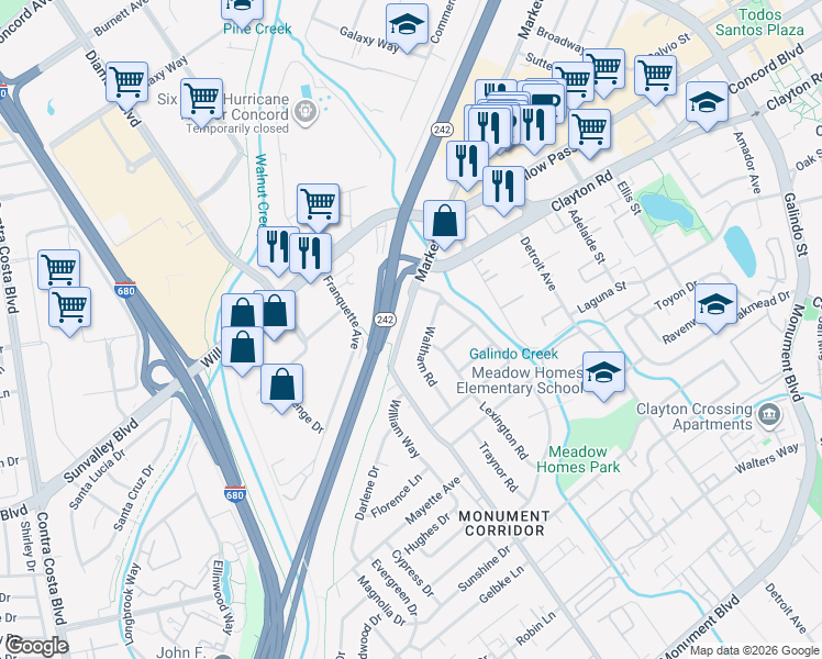 map of restaurants, bars, coffee shops, grocery stores, and more near 1720 Market Street in Concord