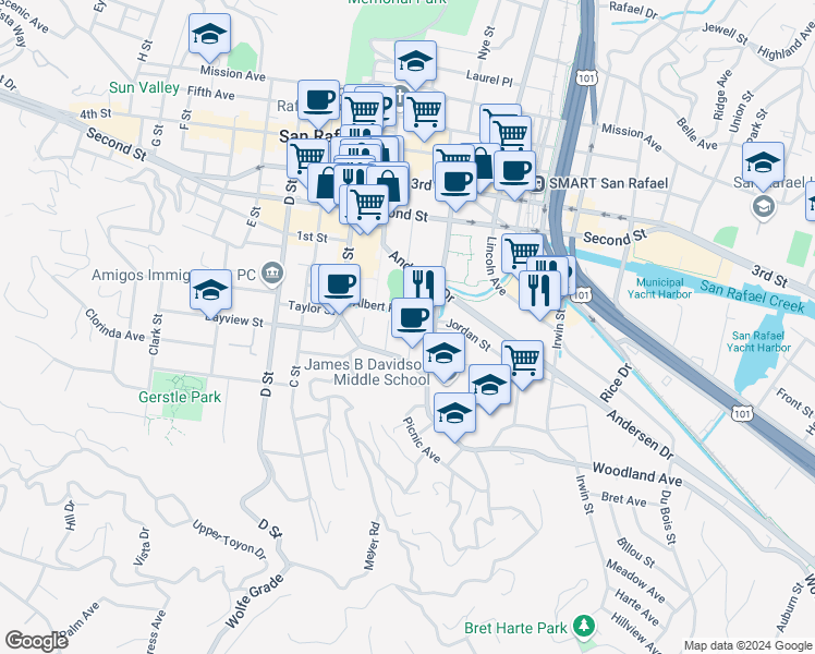 map of restaurants, bars, coffee shops, grocery stores, and more near 76 Albert Park Lane in San Rafael