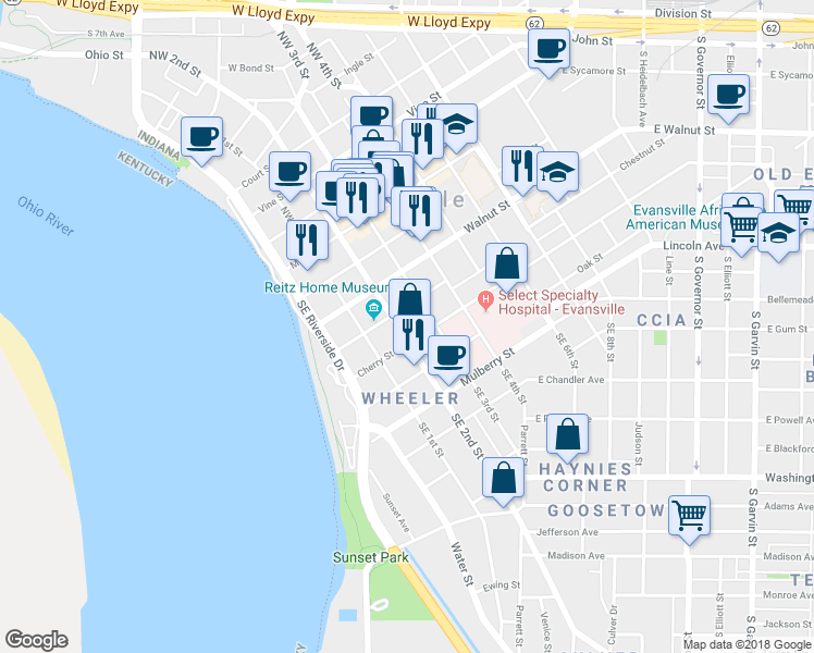 map of restaurants, bars, coffee shops, grocery stores, and more near 317 Southeast 3rd Street in Evansville