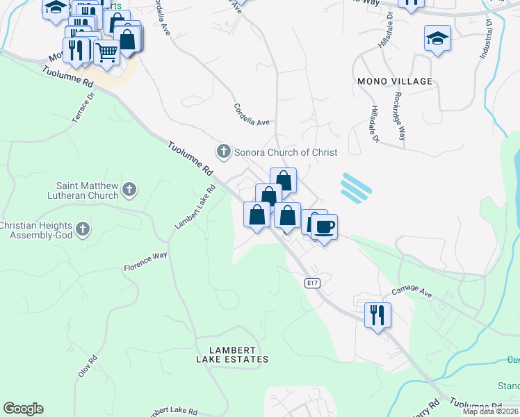 map of restaurants, bars, coffee shops, grocery stores, and more near 14194-14250 County Road E17 in Sonora
