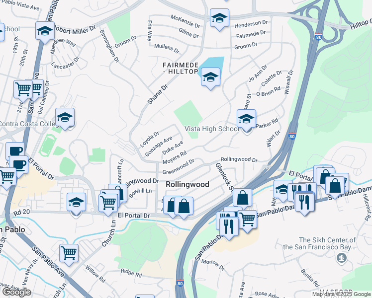 map of restaurants, bars, coffee shops, grocery stores, and more near 2551 Moyers Road in Richmond