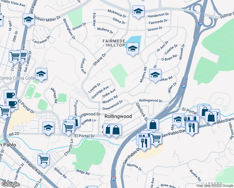 map of restaurants, bars, coffee shops, grocery stores, and more near 2551 Moyers Road in Richmond
