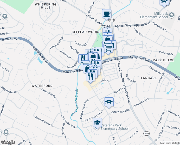 map of restaurants, bars, coffee shops, grocery stores, and more near 4200 Saron Dr in Lexington