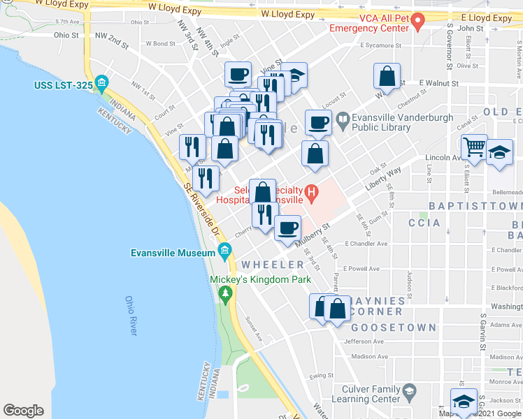 map of restaurants, bars, coffee shops, grocery stores, and more near 314 Southeast 2nd Street in Evansville