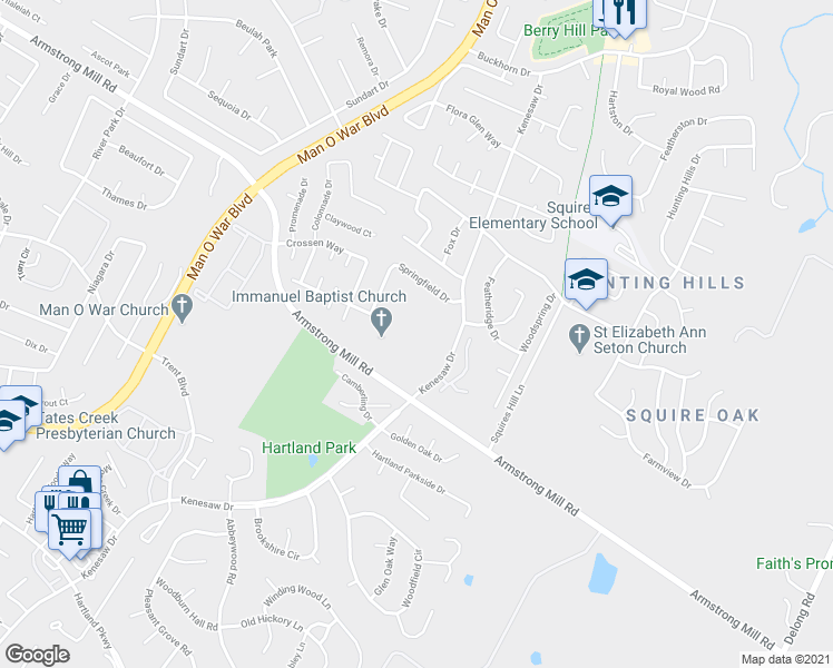 map of restaurants, bars, coffee shops, grocery stores, and more near 2311 Armstrong Mill Road in Lexington