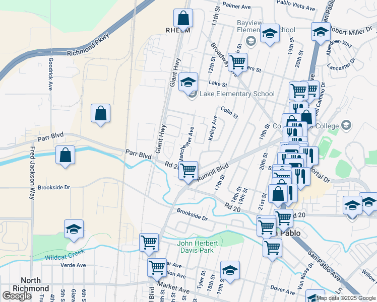 map of restaurants, bars, coffee shops, grocery stores, and more near 2477 Frieda Court in San Pablo