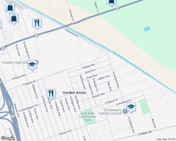 map of restaurants, bars, coffee shops, grocery stores, and more near 5120 Weber Avenue in Stockton