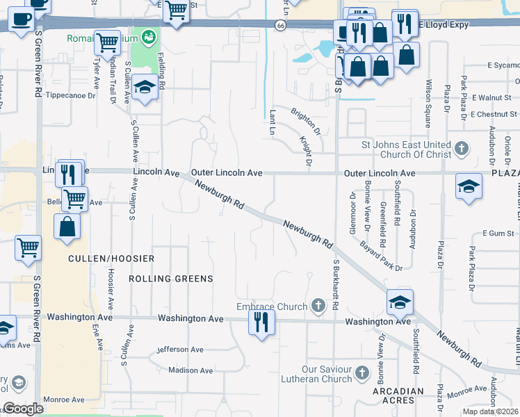 map of restaurants, bars, coffee shops, grocery stores, and more near 5922 Newburgh Road in Evansville